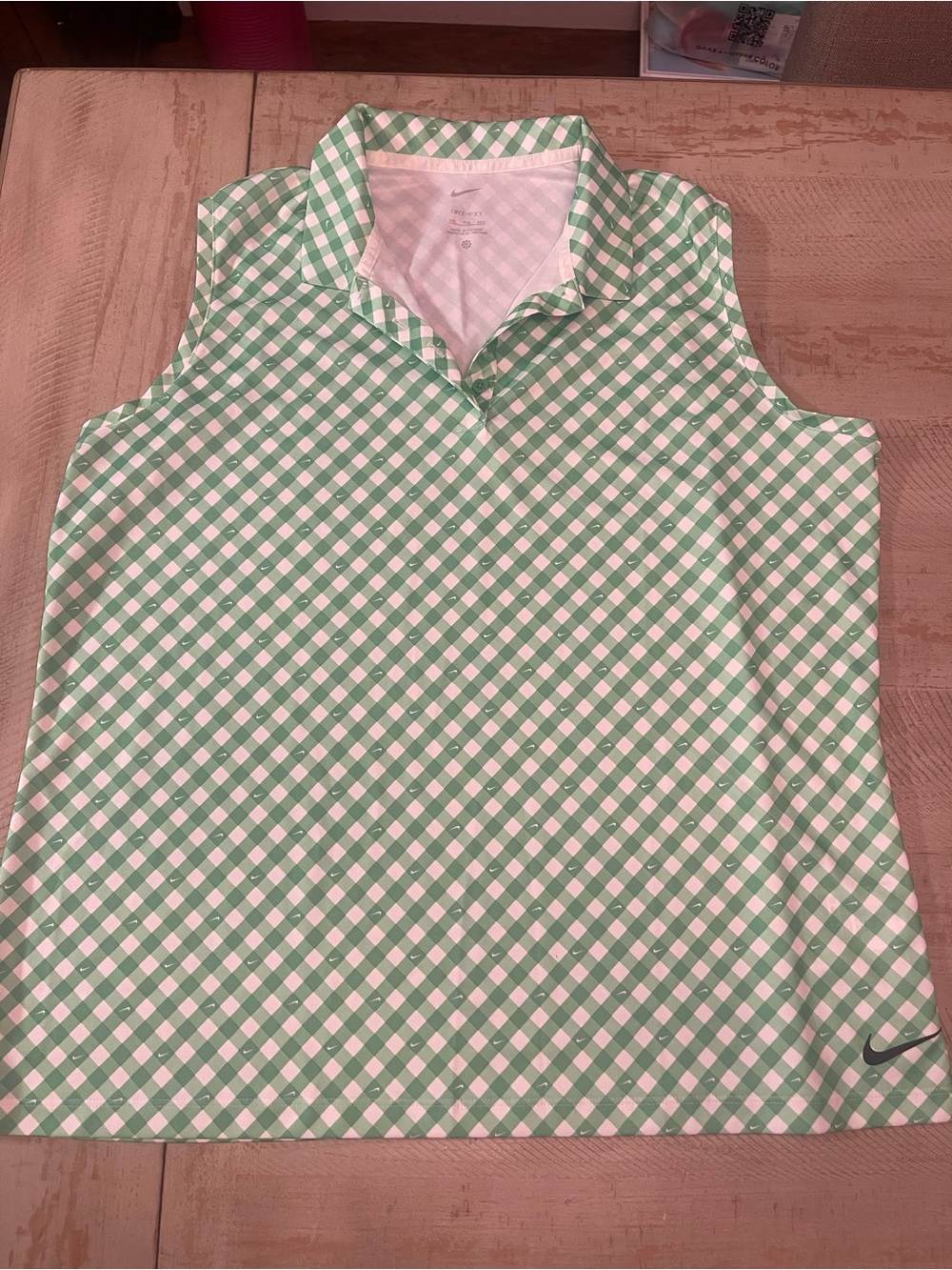 Nike Green and White Gingham Sleeveless Polo